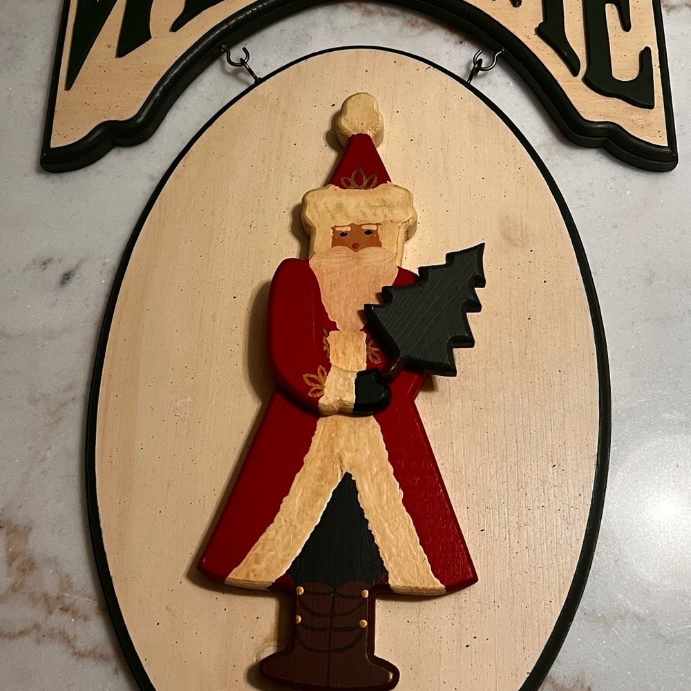 Hand Painted Solid Wood Santa Tree Welcome Wall Door Hanger Christmas Decor VTG